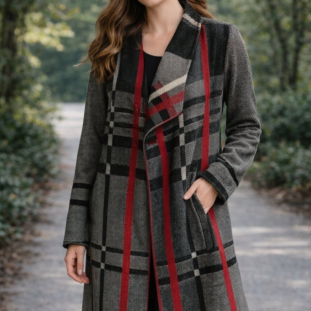 Cafe Marrahesh Black and Red Plaid Sweater Coat Sz S Cozy Cottagecore Soft Warm